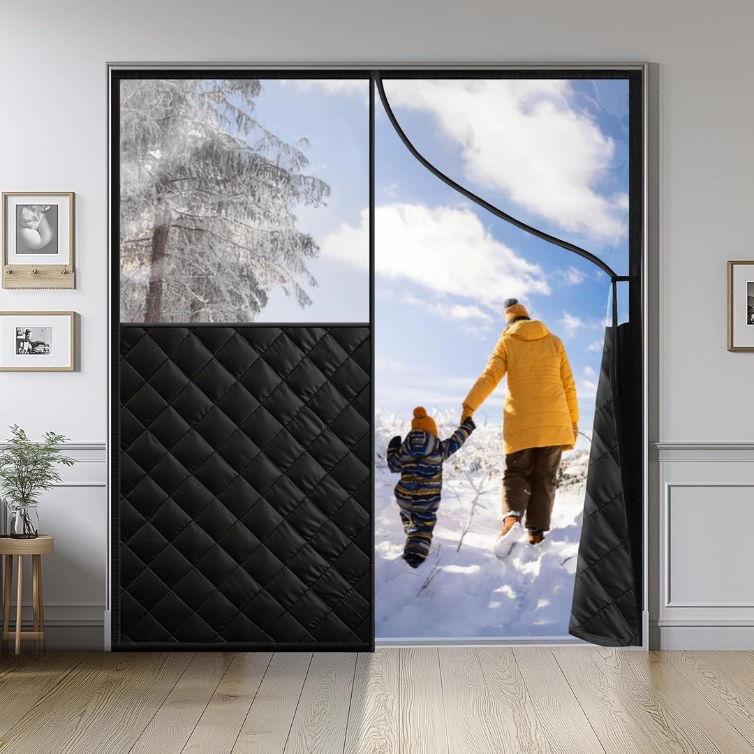 Magnetic Thermal Insulated Door Curtain for 72"x 80" Doors, Visible Door Cover for Heat Insulation, Magnetic Closure Thick Draft Blocker Blanket for Doorway to Keep Warm in Winter Cool in Summer (Black + Clear)