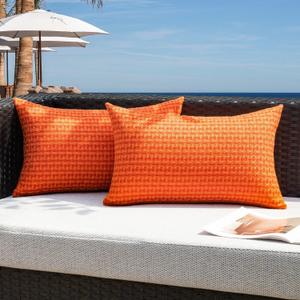 Kevin Textile Fall Outdoor Waterproof Throw Pillow Covers Pack of 2 Boho Farmhouse Decorative Lumbar Cushion Covers for Garden Patio Tent Balcony Bench Couch Sofa 12x24 Inch, Orange