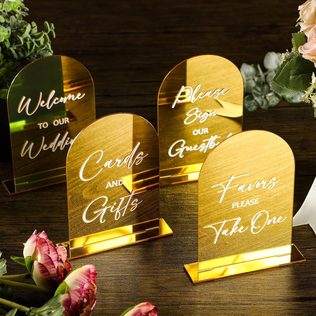 Woanger 4 Pcs Arch Acrylic Wedding Signs for Ceremony and Reception 4 x 6 Inches Gold Metal Welcome Wedding Signage with Stand, Gifts and Cards with Holder for Marriage Memorial Ceremony