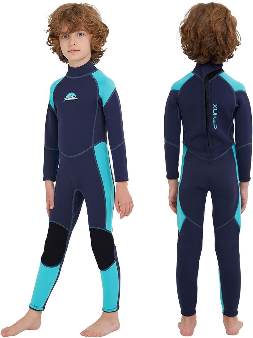XUKER Kids Wetsuit for Boys Girls Toddlers, 3mm Wetsuit Back Zip Neoprene Thermal Full Body Wetsuits for Youth Teens Scuba Dive Swimming Boating Snorkeling (4, Black Blue)