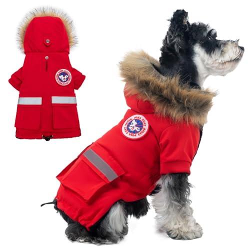PINA Dog Coats - Waterproof Winter Jacket with Flannel Lining, Faux Fur Hood & Pocket for Small Dogs, Large 