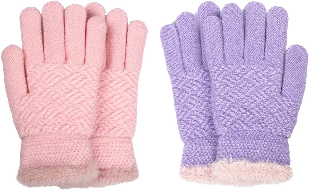 FENELY 2 Pairs Kid Winter Knit Gloves Stretchy Warm Gloves Gift for Boy Girl (Pink)