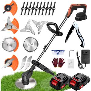 Weed Wacker, Electric Weed Wacker, String Trimmer with 2 Batteries and Charger, Grass Trimmer Lawn Mower Edgerr with 3 Types of Blades, Brush Cutter with Retractable Length and 90° Rotating Head