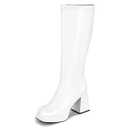 SOVANYOU White Knee High Boots for Women White Gogo Boots of the 70s Disco Tall Boot Square Toe Chunky High Heeled Patent Leather Long Boot, Size 39