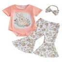 Baby Girls Easter Outfits Bunny Pattern Rompers With Bell Bottom Pants With Bow Headband (Orange, 6-12 Months)