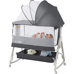 Multifunctional 3-in-1 Baby Bassinet for Bedside Sleep, Nursing & Rocking - Adjustable Height, Breathable Mesh, Portable Design with Mosquito Net, Safe & Supports Independent Sleep (Black)