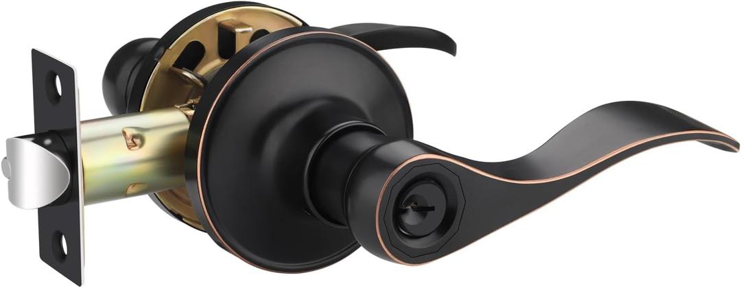 1 Pack Keyed Entry Door Handles, Oil Rubbed Bronze Finish, Interior Door Handle for Living Room, Bedroom Door Knobs with Lock, Keyed Alike Door Levers, Reversible for Left/Right Handed Doors