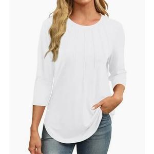 ANRABESS Women Dressy Casual Blouse 3/4 Long Sleeve T Shirts Pleated Round Neck Business Work Tunic Tops 2026 Fall Outfits White, XXL