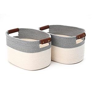 ECDYQXVU Cotton Rope Storage Baskets Bins Set of 2 Collapsible Decorative Woven Basket Open Storage Organizer Blanket for Nursery, Laundry, Towel, Clothes, Toy, Cosmetics, Books 15x10x9inches (White/ Grey)