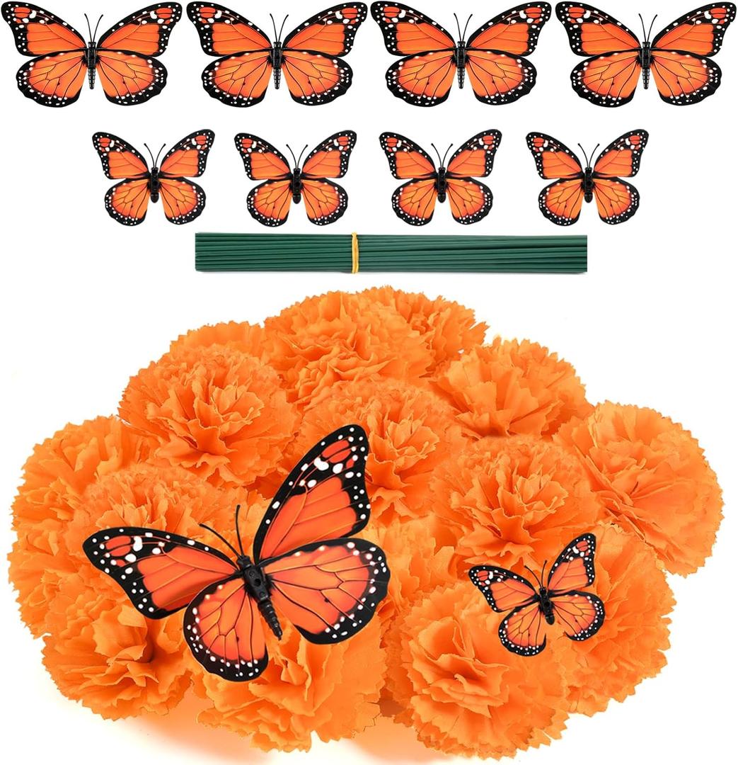 Antenda Artificial Marigold Flower Heads,Marigold Heads Bulk and 12 Monarch Butterfly for Dia De Los Muertos Diwali Decorations for Home Wreath Garland DIY Day of The Dead Altar Decor Orange