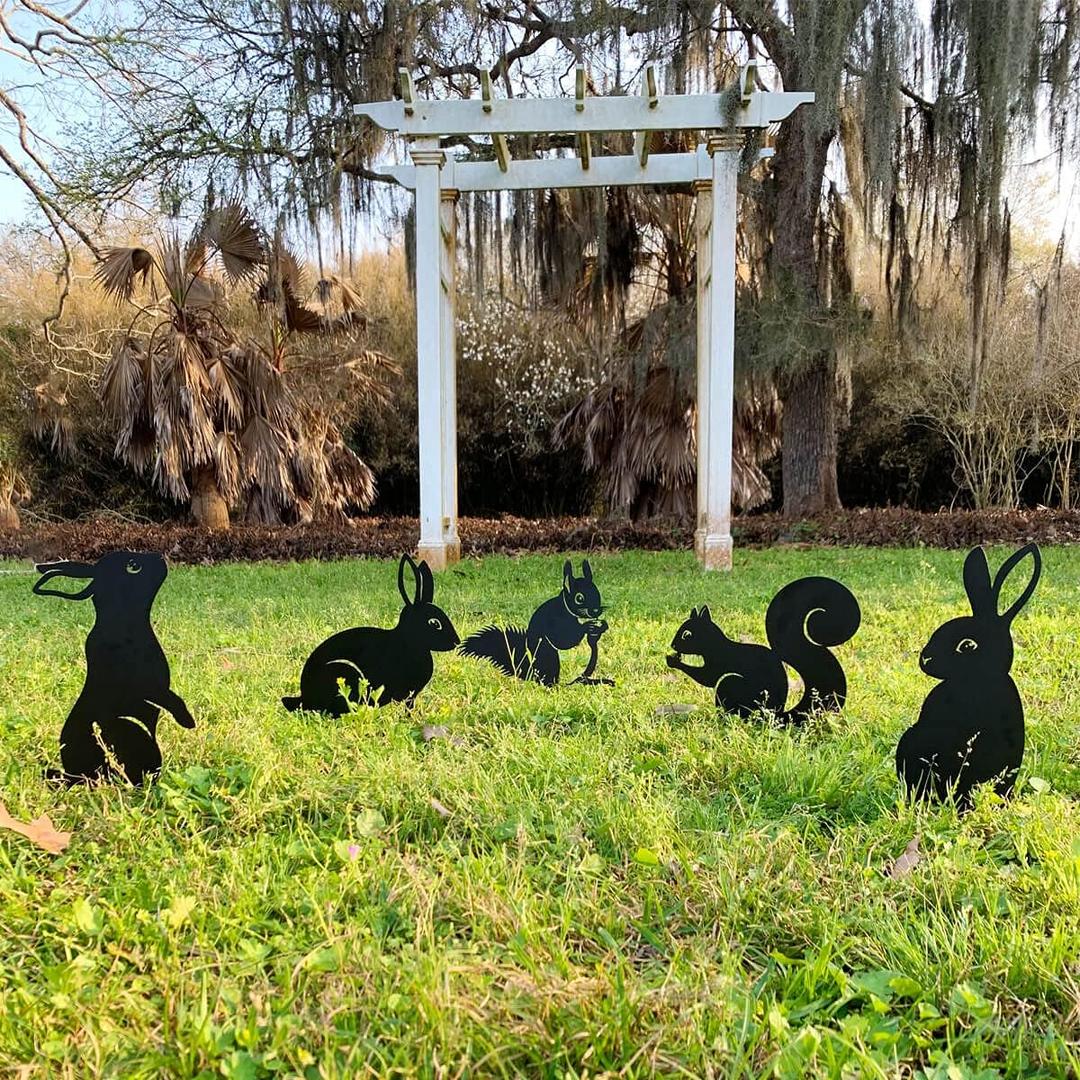 RealSteel Metal Garden Animal Sculptures & Statues Bunny & Squirrel Yard Art Stake Pack Outdoor Lawn & Flowerbed Decor Weather-Resistant Steel Garden Decorations Gift for Gardeners Black