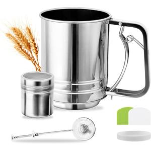 3 Cup Flour Sifter Set - Stainless Steel Mesh + Sugar Shaker & Duster, No Lumps, Smooth Fluffy Cakes Pastries for Home Bakers Chefs, Elevate Dessert Texture Easily