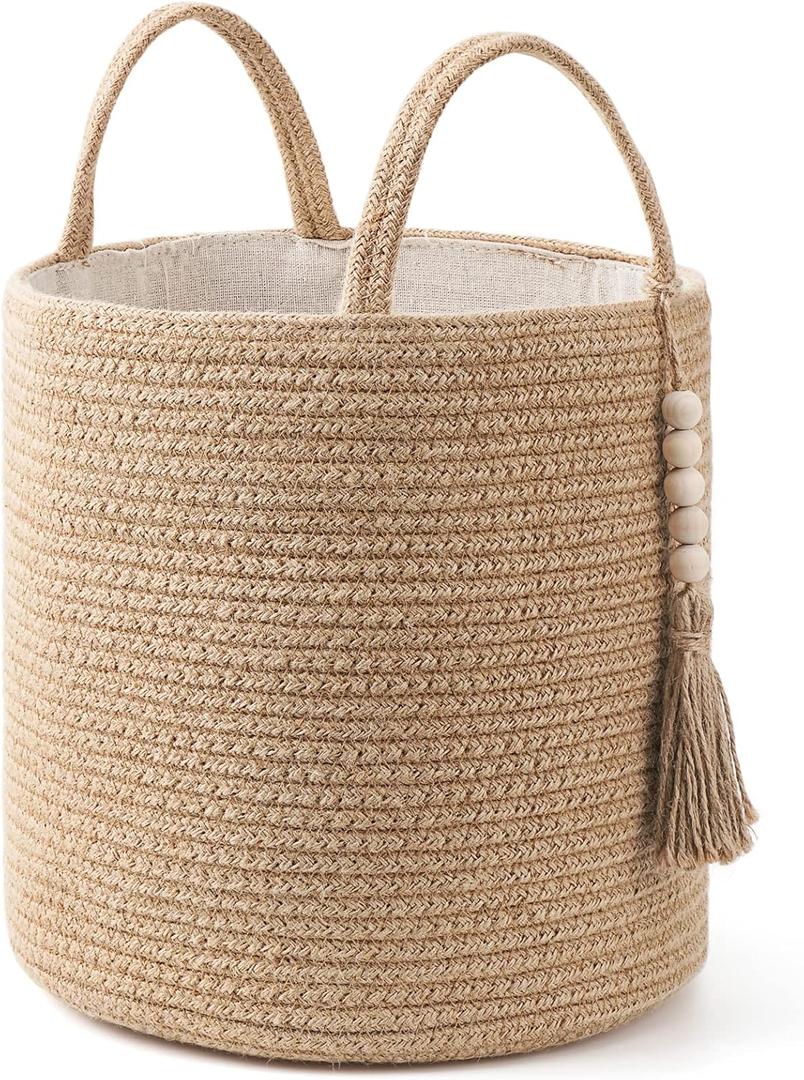 Mkono Woven Storage Basket Decorative Natural Rope Basket Wooden Bead Decoration for Blankets, Toys, Clothes, Shoes, Plant Organizer Bin with Handles Living Room Home Decor (Brown, 28 x 28cm)