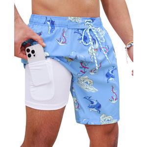 Mens Swim Trunks 7 Inch Swimwear for Men Compression 2 in 1 Soft Stretchy Quick Dry Comfort Drawstring Light Blue Voyage Pockets Beach Pool 4-Way Breathable Son Husband Boyfriend Summer (Blue, XL)
