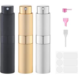 Fusupak Perfume Atomizer Travel Bottle Refillable: Cologne Sprayer Portable for Men - Mini Spray Empty for Refill - 8ml Small Size Gold (Black,gold,silver)