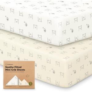 2-Pack Mini Crib Sheets Fitted - 38x26 Pack N Play Sheets for Pack and Play Mattress, Organic Cotton, Soft & Breathable Playard Bedding, Neutral Mini Toddler Bed Cover for Boys, Girls (Bumble Bear)