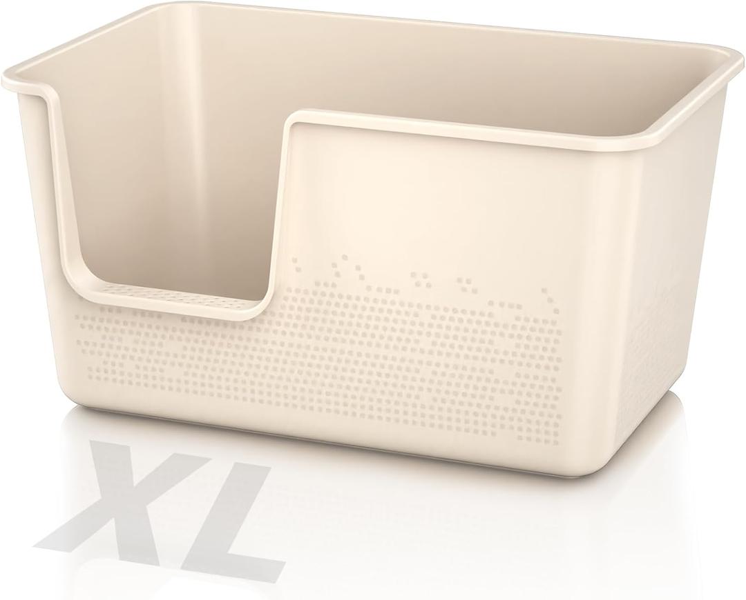Extra Large High Sided Cat Litter Box - 24.8" L x 11.4" W x 13.0" H, XL Jumbo Kitty Litter Box for Big Indoor Cats, Tool-Free Assembly (Beige)