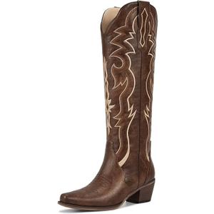 wetkiss Brown Cowboy Boots for Women Knee High Cowgirl Tall Boots with Classic Retro Embroidered Chunky Heel Slip On Pointed Toe Womens Western Boots for Girls Ladies, 7.5