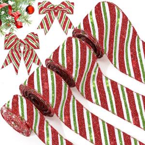 Ysleen 3 Rolls 24 Yards Christmas Red Green Ribbons Glitter Candy Cane Wired Ribbons for Christmas Tree Craft Gift Wrapping Decorative Supplies