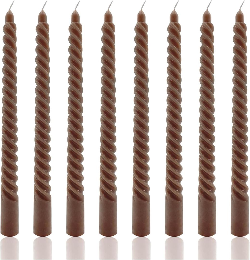 8 Pack 10 Inch Brown Spiral Taper Candles Long Burning Dripless Candles for Party Dinner Home Decor Wedding and Celebrations