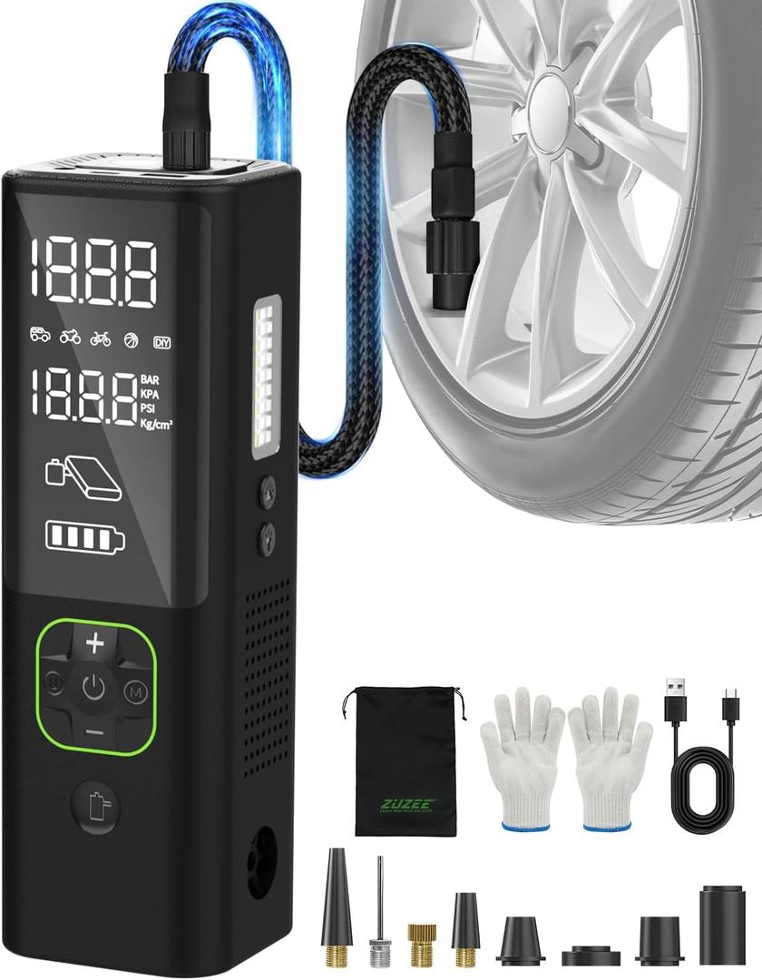 Tire Inflator Portable Air Compressor, ZUZEE 3X Faster Portable Tire Inflator, 150PSI Portable Air Compressor With HD Display, Air Pump for Tires of Car, Moto, Bike, also for Balls, Mattresses, etc (Black)
