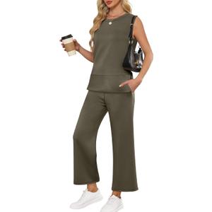 ANRABESS Womens 2 Piece Outfits Summer Beach Vacation Clothes Spring Travel Airport Casual Wide Leg Pants Lounge Sets (Large, Army Green)