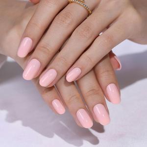 Soft Gel Round Press on Nails Pink Spring Summer Thick Reusable Fake Nails | GJZEZ 16 Sizes - 32 Pcs Opaque Glossy Finish Salon Quality Durable Waterproof Medium Acrylic Faux Nail Kits Gifts for Women