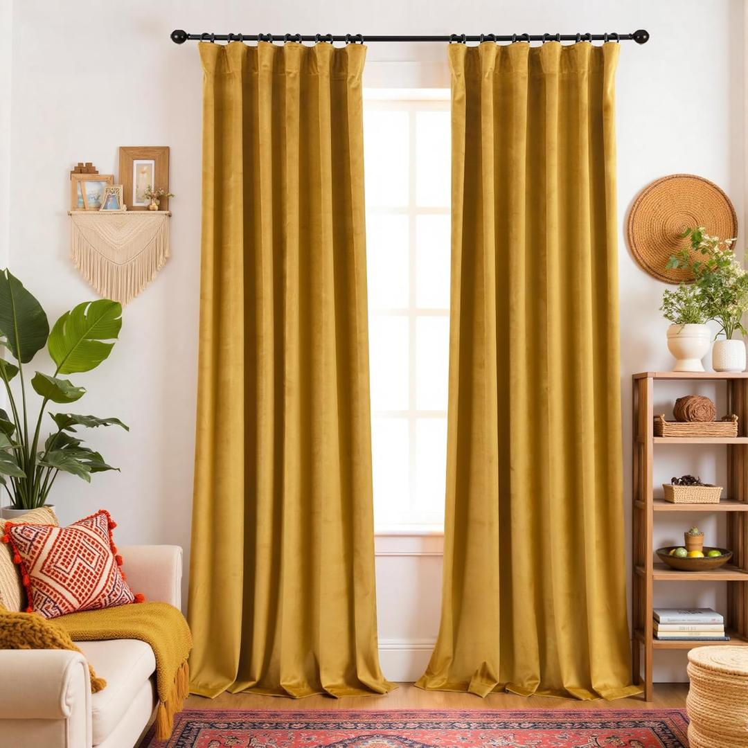 KOUFALL Mustard Yellow Velvet Curtains Blackout,Back Hook Retro Mid Century Modern Curtain,Pleated MCM Vintage Boho Eclectic Curtains for Living Room Bedroom 84 Inches Long 2 Panels
