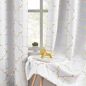White Blackout Curtains for Bedroom Living Room with Gold Foil Print Panels Room Darkening Energy Saving Grommet 95% Blackout Drapes for Patio Hall Studio, 2 Panels, 52" Wx63 L