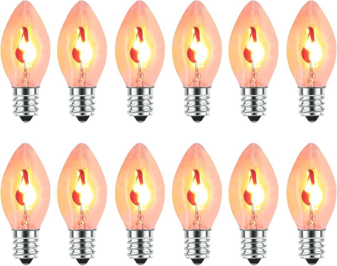 2 x Christmas Flickering Flame Light Bulbs C7 Clear Edison Flame Light Bulbs with Orange Glow, 1 Watt E12 Candelabra Light Bulb for String Light Night Light Candle Chandelier Halloween Xmas Decor, 12 Pack