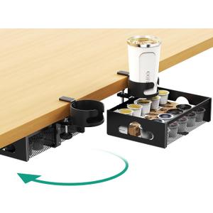 CABTE Desk Cup Holder with Drawer Organizer, Anti-Spill Clip-On Table Cup Hook with 360 Rotation Hidden Storage Box for Office Home Gaming Table (Black)