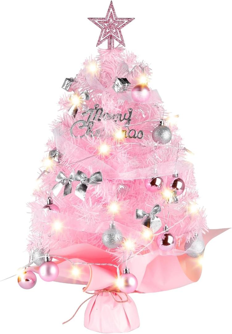Tabletop Christmas Tree with Lights, Migaven 24inch/2ft Mini Pink Christmas Tree with Star Led String Light for Home Desktop Xmas Tabletop Decoration Pink