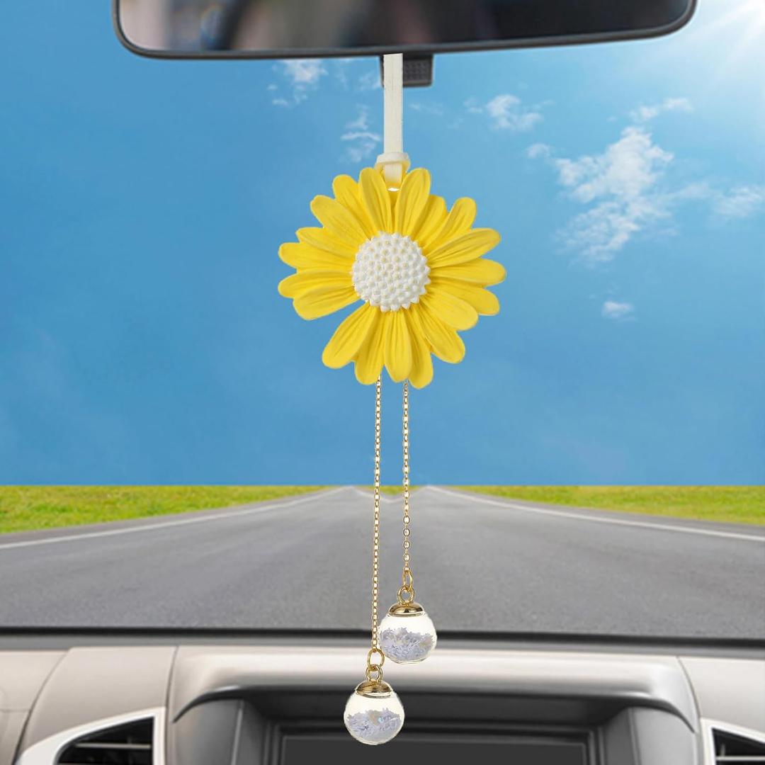 Chrysanthemum Car Decorations - Rear View Mirror Accessories, Cute Gifts for Women - Car Charm Pendant (Flower- Yellow)