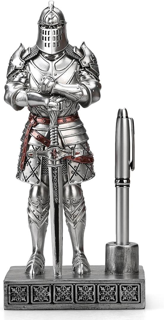 Knight Pen Stand Decoration Resin Pen Holder Art Craft Paperweight for Desktop Organizer Festival Gifts for Boyfriend Husband Dad Son(Silver)