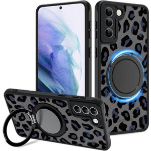 Fiyart Designed for Samsung Galaxy S21 Plus Case Leopard Ring Holder Kickstand Magnetic Bumper Compatible with MagSafe Camera Lens Protection for Women Men Cheetah Print S21+ 6.7"-Black