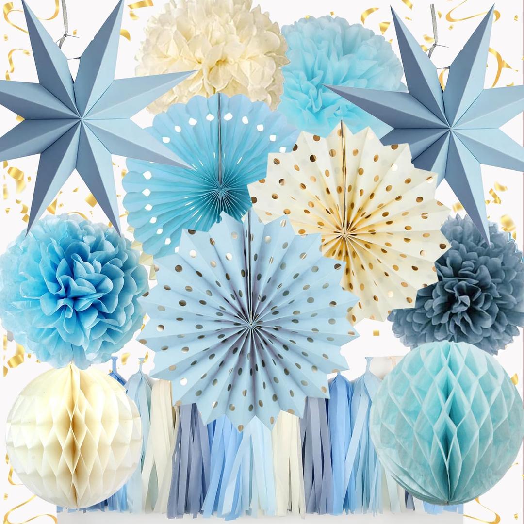 Blue Party Decorations,15PCS Dusty Blue Beige Birthday Decorations for Women Men Girl Boy,Hanging Backdrop Decor for Engagement,Boho Wedding,Baby Shower,Bridal Shower,Garden Party