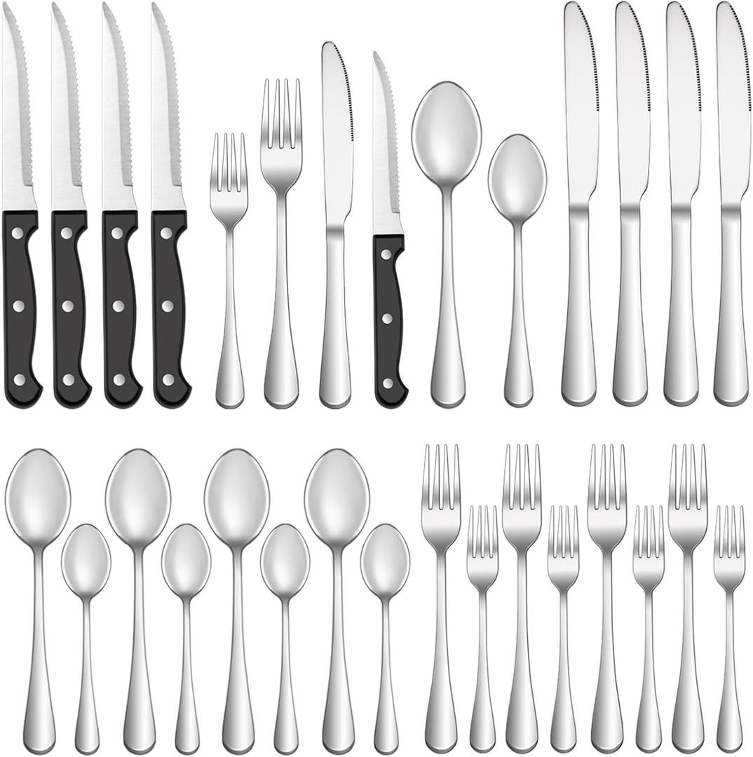 MUTNITT Silverware Set with Steak Knives Service for 4,Stainless Steel Flatware, Mirror Polished Cutlery Utensil Set for Home Kitchen Eating Tableware, Include Fork Knife Spoon, Dishwasher Safe, 24 Pieces