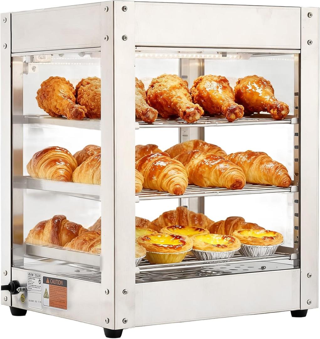 VEVOR 3-Tier Commercial Food Warmer Display, 800W Food Display Warmer with LED Light, Adjustable Shelf and Stainless Steel Frame, 86~185 Air Heating, 34L for Hamburger, Pizza, Bread, Fried Chicken