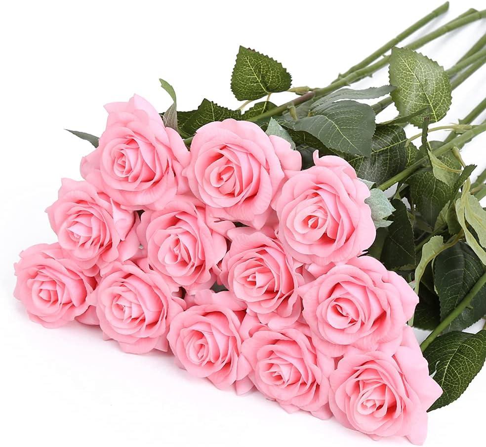 IPOPU 12Pcs Pink Roses Artificial Flowers Pink Flowers Artificial for Decoration Real Touch Silk Flowers Floral Arrangement for DIY Wedding Bridal Shower Centerpieces Party Decorations (Light Pink)