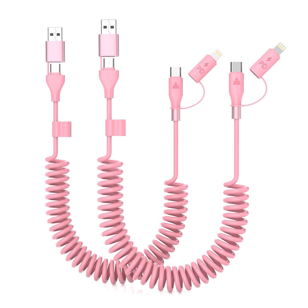 Pink Car Charging CarPlay Cable Coiled USB-C Lightning Cable 4 in 1 Retractable Multi Charging Cord 60W Cute Car Accessories for iPhone 17/16/15/14/13/12/11/iPad/AirPods/MacBook Tidy Charger Cord
