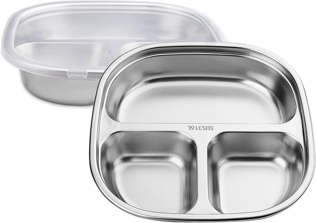 Stainless Steel 3 Compartments Plate with Lid, Metal Divided Plate Tray, Sectioned Plate Dishe Dinnerware for Food Portion Control Lunch Dinner Adult Home School