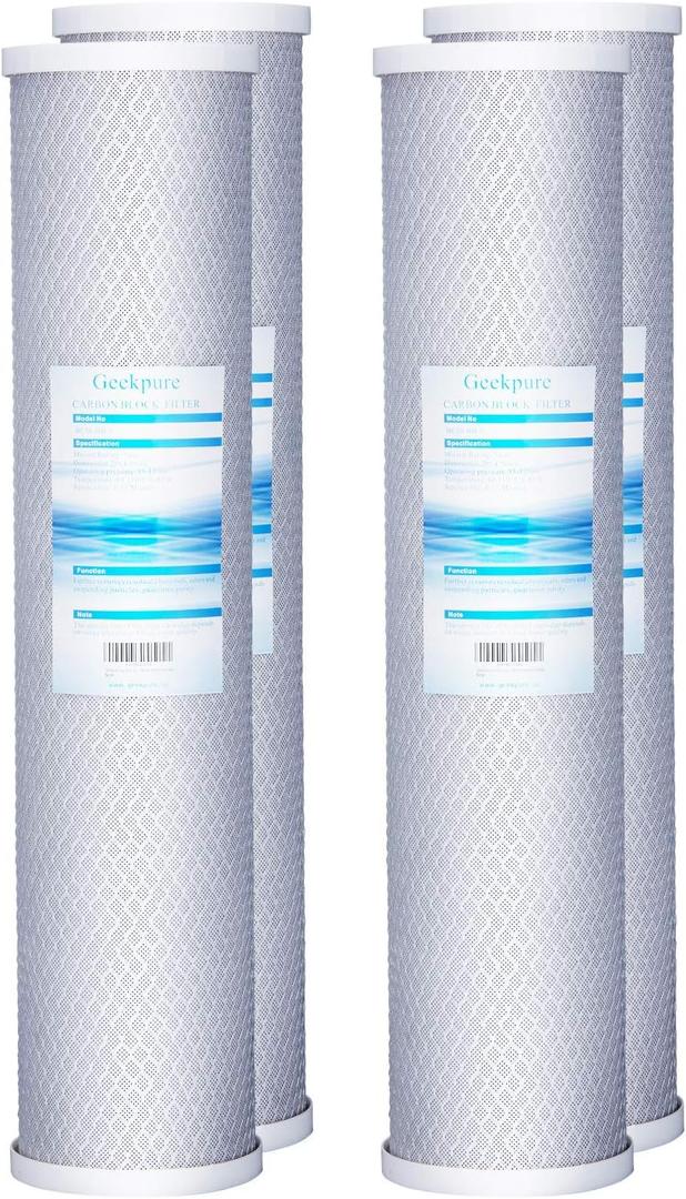 Geekpure 20 Inch Carbon Block Water Filter Reduce Chlorine Taste Odors for Whole House Filtration- 4.5 Inch x 20 Inch -5 Micron-Pack 4