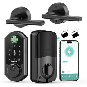 Smart Front Lock Set Fingerprint: Hornbill WiFi Deadbolt with Code App Keypad Keyless Entry Door Lock with Handle Lever Combo - Touchscreen Electronic Digital Remote Control for Front Door, Matt Black
