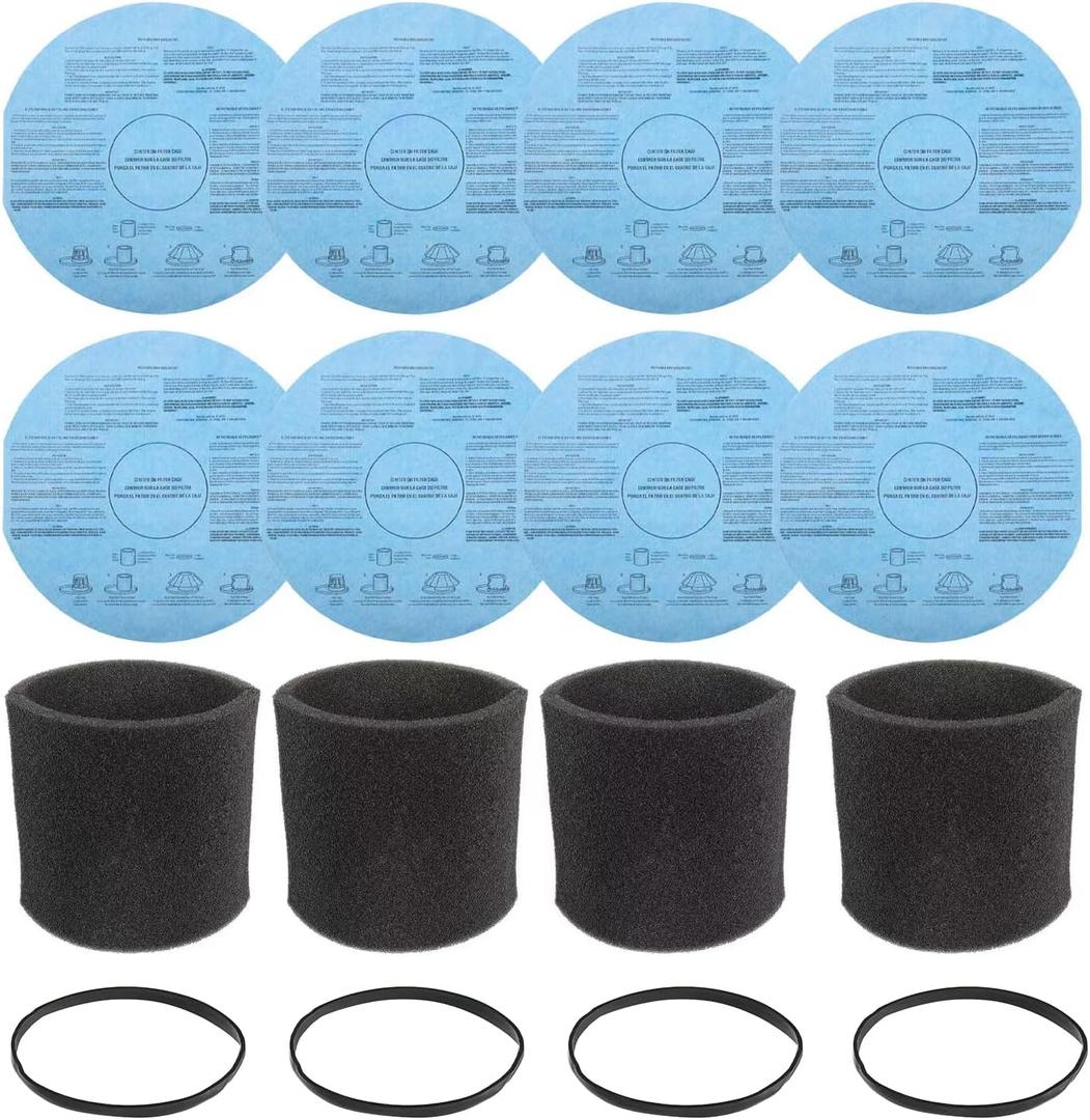 8pcs Reusable Wet Dry 90107 Paper Disc Filter 4pcs 90585 Foam Sleeve Filters for Most 5 Gallon and Larger Branded Wet/Dry Vacuum Cleaners with 4pcs Retaining Bands