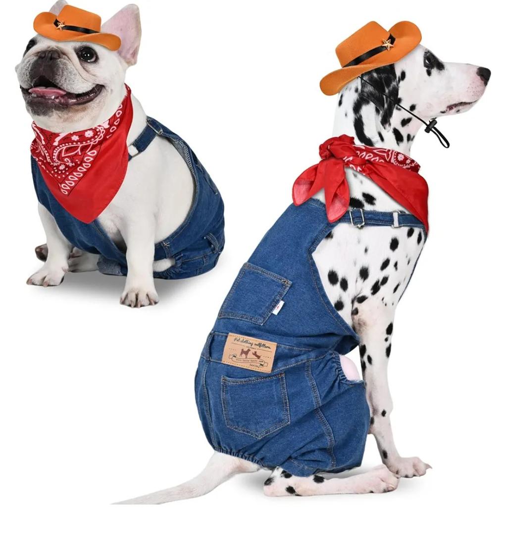 Dog Overalls with Cowboy Hat & Bandana Scarf - Overalls for Dogs Denim Puppy Costume, Adjustable Dog Jeans Outfit for Small Dogs and Cats - Cowboy Costume M Around 10 lb Dogs and Cats, M