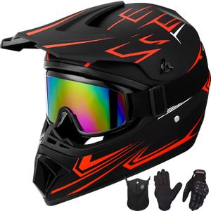 Youth Kids Motocross Helmet Motorcycle Dirt Bike Off-Road Mountain Bike BMX MX ATV Helmet with(Gloves Goggles Mask) 4Pcs Set - DOT Approved, (Red,L) (Large)