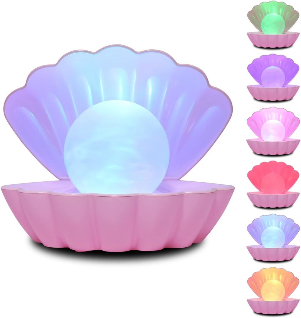 Shell Pearl Beach Themed Night Light, RGB 8 Colors Changing Mood Shell Pearl Lamps, Bedside LED Clamshell Portable Night Lights for Bar (Pink)