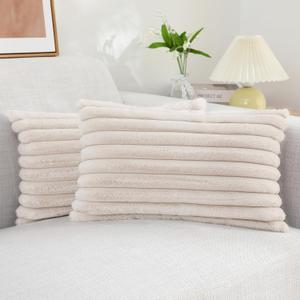 decorUhome Faux Fur Throw Pillow Covers 12x20 Set of 2, Decorative Soft Plush Striped Lumbar Neutral Couch Euro Pillow Covers with Velvet Back for Sofa, Bed, Living Room Home Decor, Beige