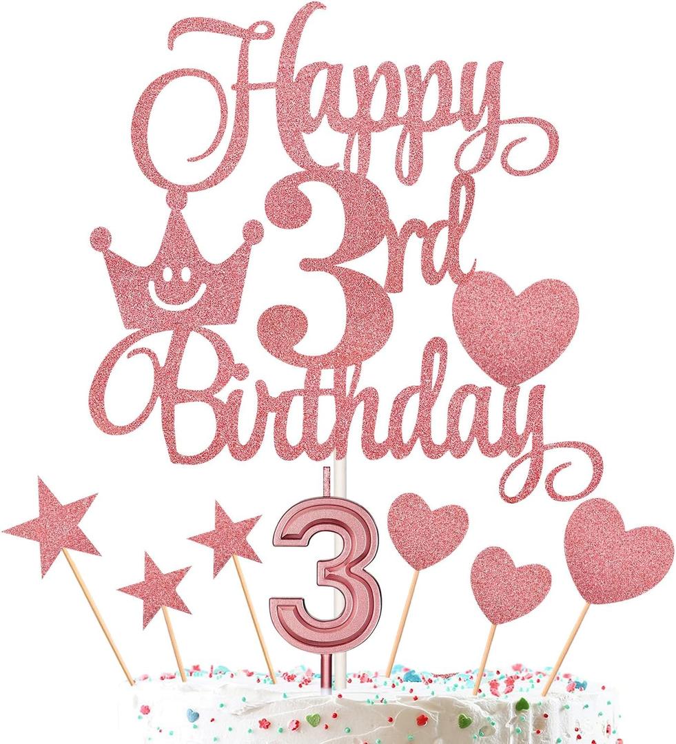 3rd Birthday Cake Decorations Set Include Digital Candle 3 Numeral 3# Cake Candles and Happy 3rd Birthday Cake Toppers with Heart Star Cupcake Picks for Birthday Party Supplies (Rose Gold Series)