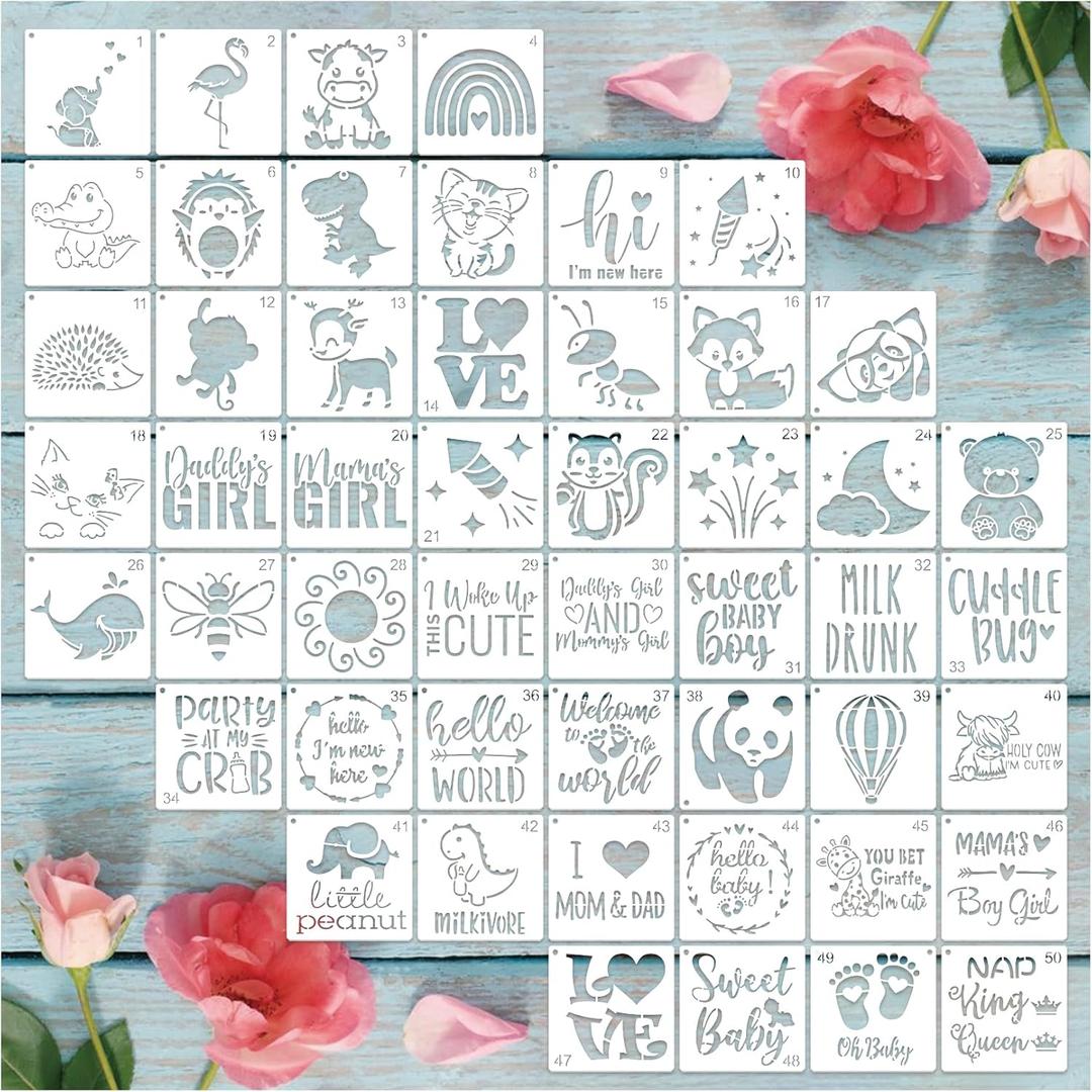 50Pcs 4 Inch Baby Shower Stencils for Painting Onesie Decorating Kit Fabric Stencil Reusable Templates for Painting on Onesies Shoes Bibs Clothes Cookie Bodysuit (50 pcs) 50Pcs 4 Inch Baby Shower Stencils for Painting Onesie Decorating Kit Fabric Stencil Reusable Templates for Painting on Onesies Shoes Bibs Clothes Cookie Bodysuit (50 pcs)